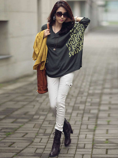 Loose Bat Shirt Letter Print V-Neck Long-Sleeved T-Shirt
