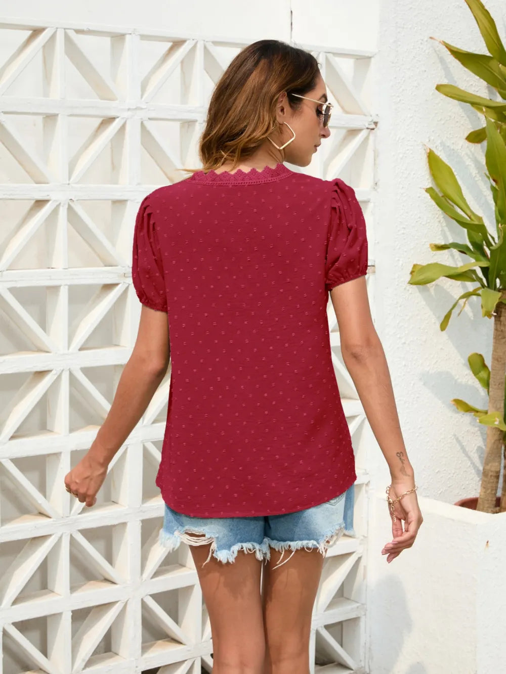 Dot Lace Detail V-Neck Blouse