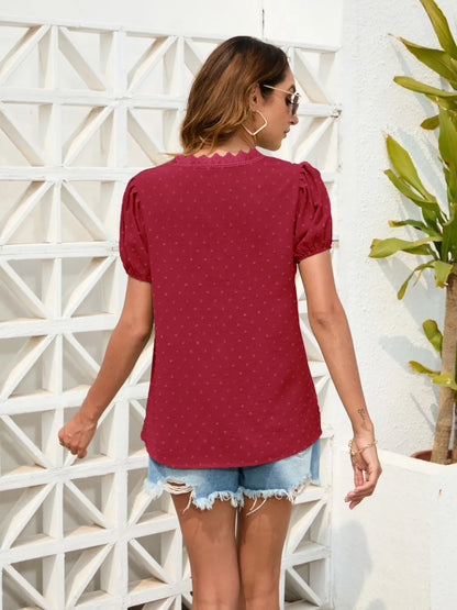 Dot Lace Detail V-Neck Blouse