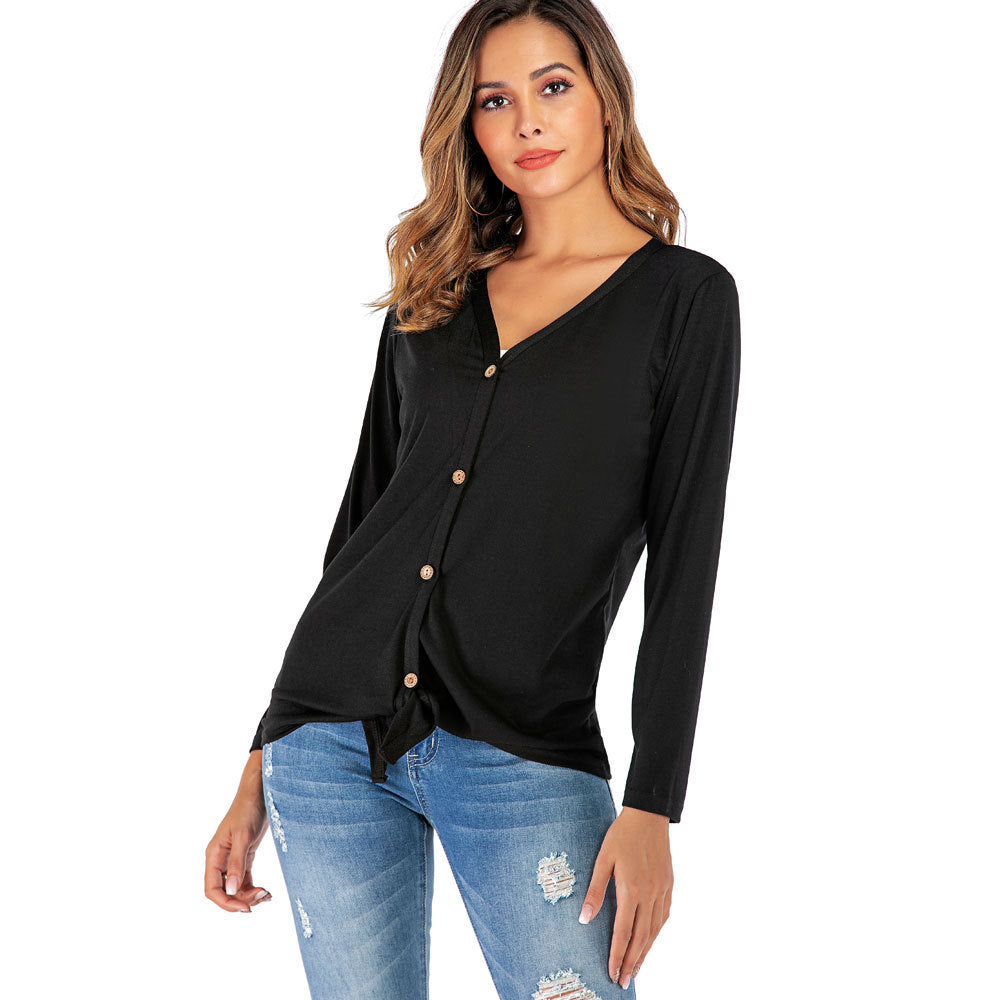 Women's V-neck Button Long-sleeved Cardigan T-shirt Bottoming Shirt