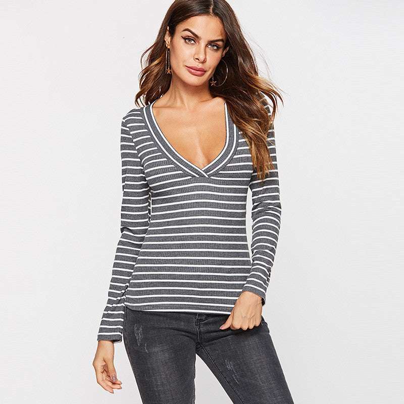 Slim Slim Sexy Deep V-Neck Striped T-Shirt Bottoming Shirt