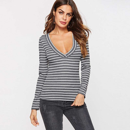 Slim Slim Sexy Deep V-Neck Striped T-Shirt Bottoming Shirt