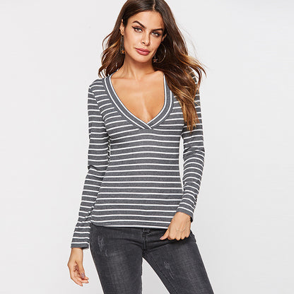 Slim Slim Sexy Deep V-Neck Striped T-Shirt Bottoming Shirt