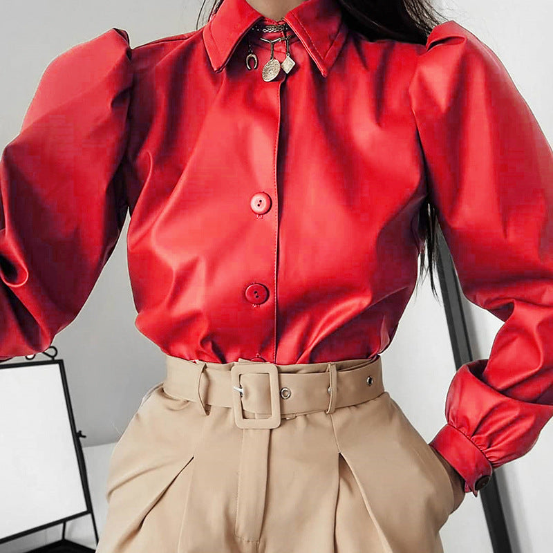 Lapel-breasted puff sleeve shirt