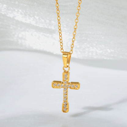 Cross necklace for women simple and colorfast zircon stainless steel collarbone chain titanium steel