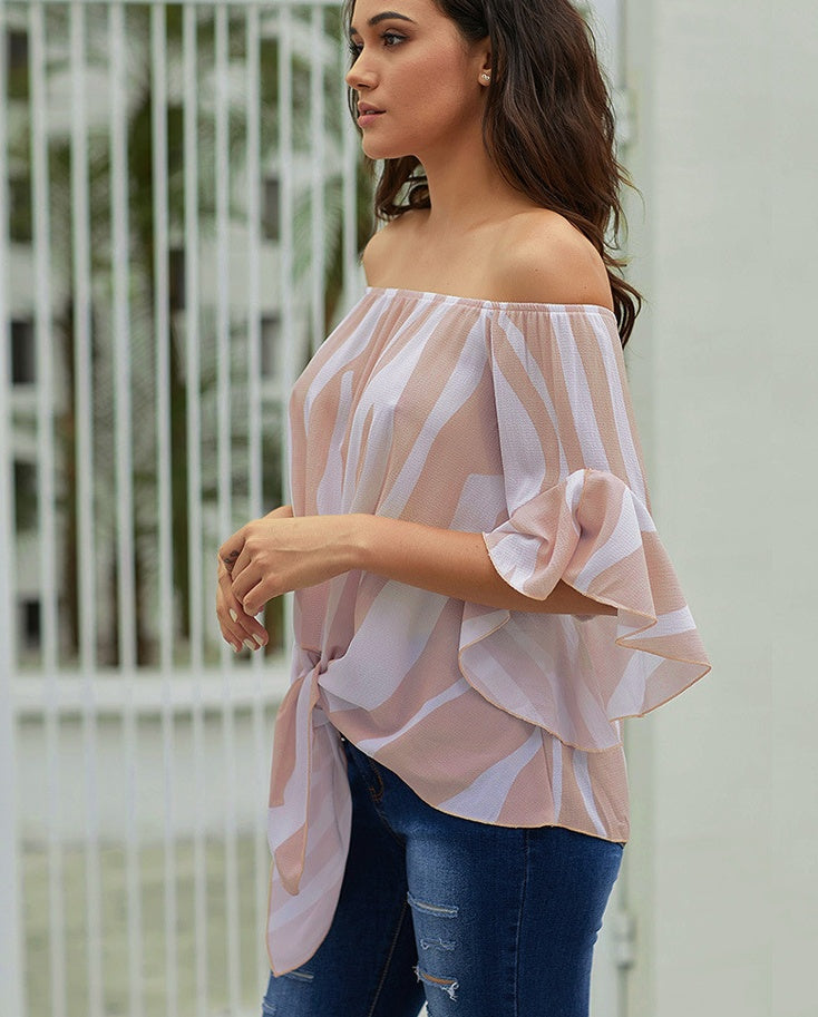 New European and American women's summer shirt tube top collar shirt five points trumpet sleeves striped shirt 251051