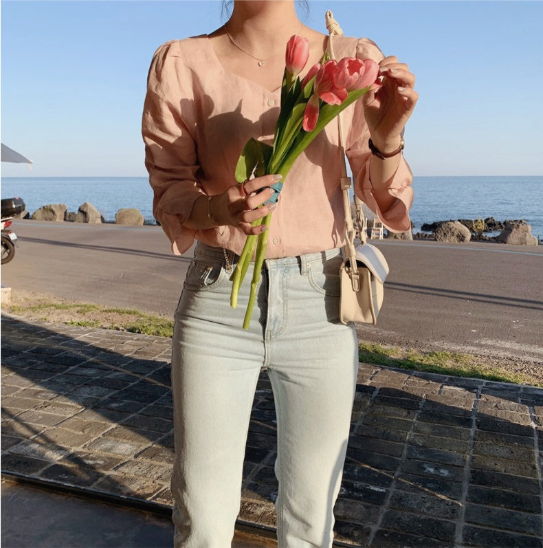 French retro square collar shirt