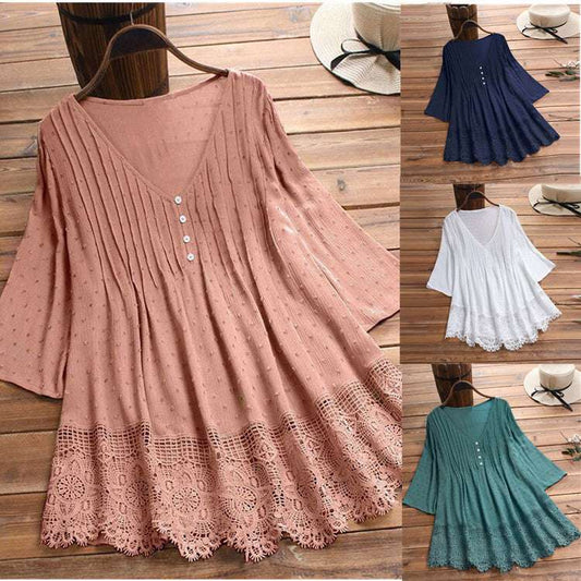 Jacquard pleated lace cutout shirt