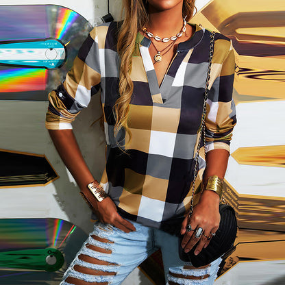 Ladies Shirt Plaid Printed V Neck Long Sleeve Top T Shirt