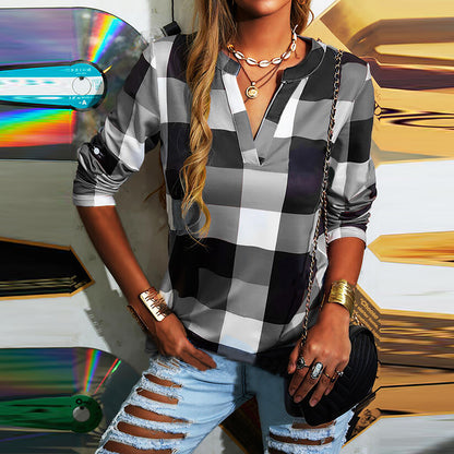 Ladies Shirt Plaid Printed V Neck Long Sleeve Top T Shirt