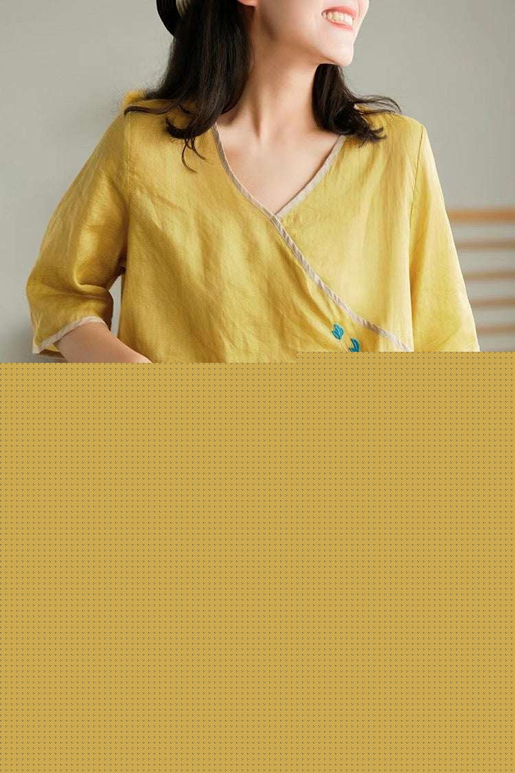 Retro Button Embroidered Shirt Top