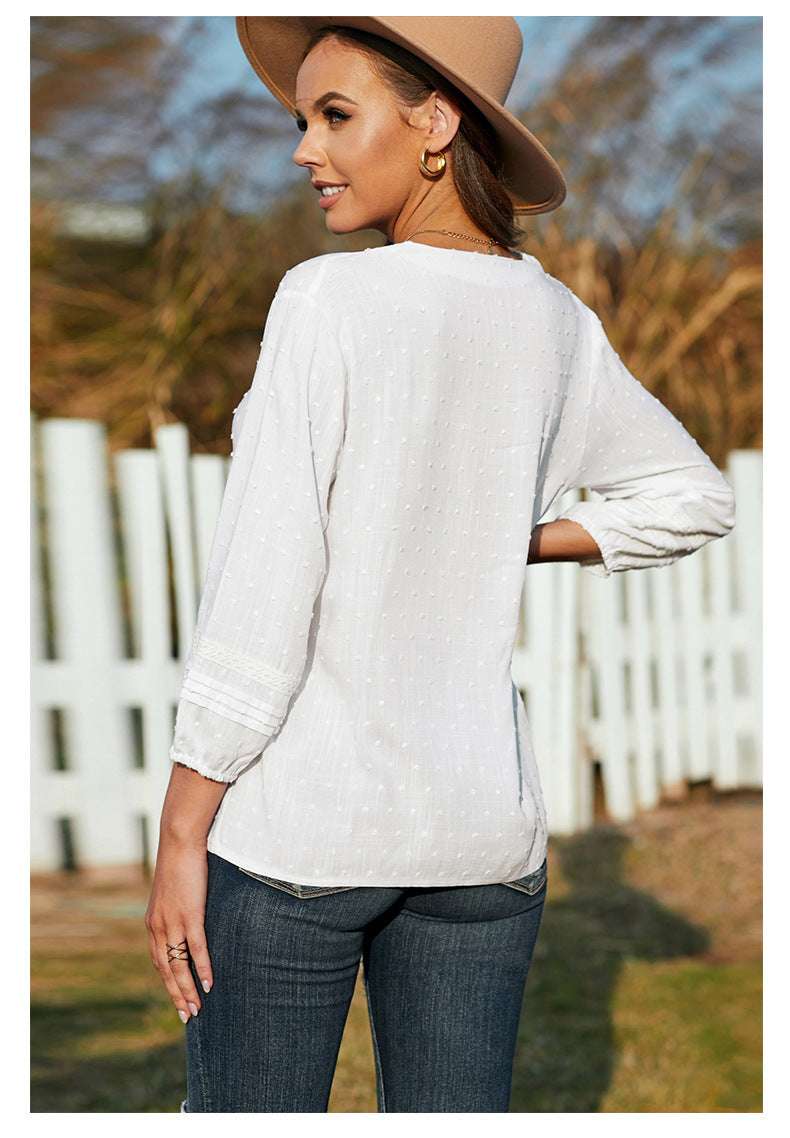 Women's Shirt Summer New Lace Hollow V-Neck Polka Dot Ladies Shirt