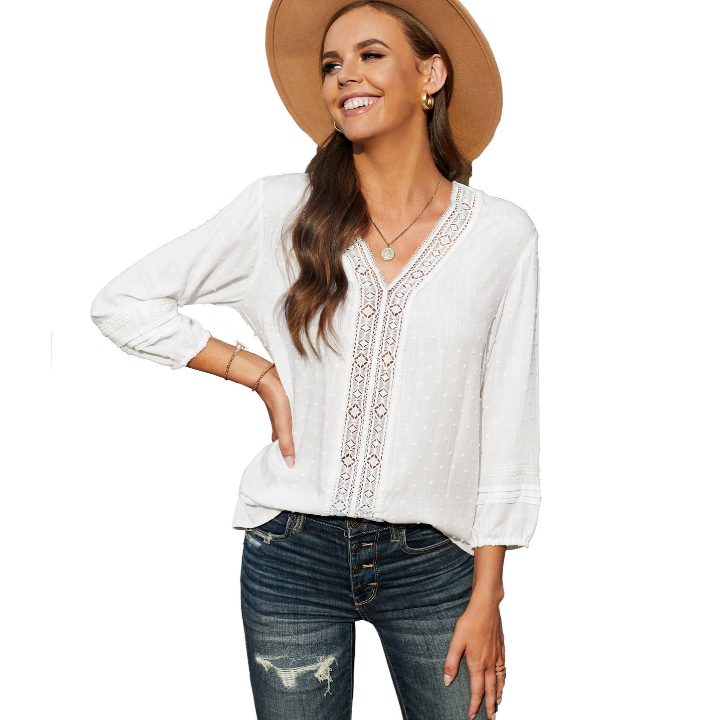 Women's Shirt Summer New Lace Hollow V-Neck Polka Dot Ladies Shirt