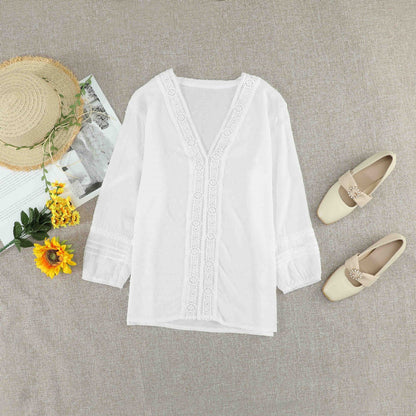 Women's Shirt Summer New Lace Hollow V-Neck Polka Dot Ladies Shirt