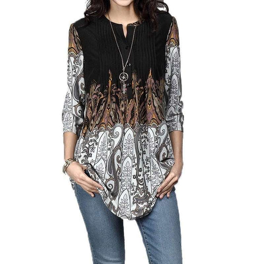 Beauty Clothing Printed Round Neck Pleated 34 Sleeve Top T-shirt Shirt