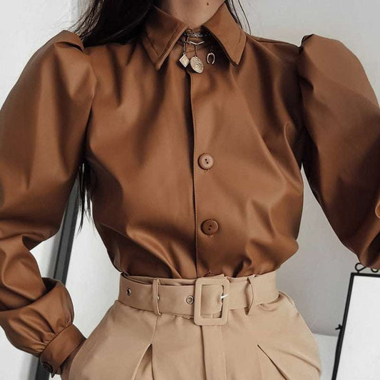Lapel-breasted puff sleeve shirt