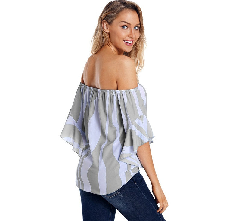 New European and American women's summer shirt tube top collar shirt five points trumpet sleeves striped shirt 251051