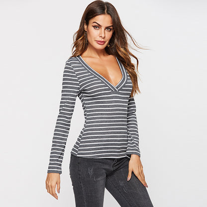Slim Slim Sexy Deep V-Neck Striped T-Shirt Bottoming Shirt