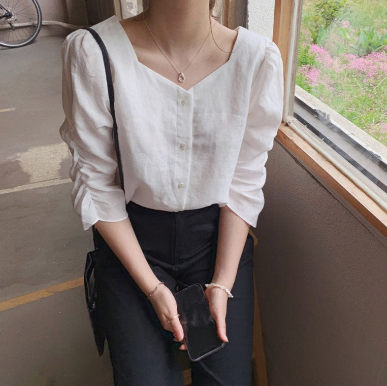 French retro square collar shirt