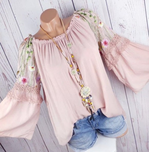 Splicing mesh embroidery shirt