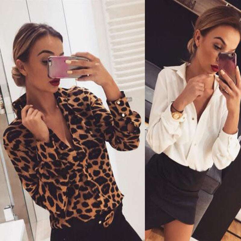 Explosive Fall Winter Slim Long Sleeve Shirt Leopard Print Top Shirt