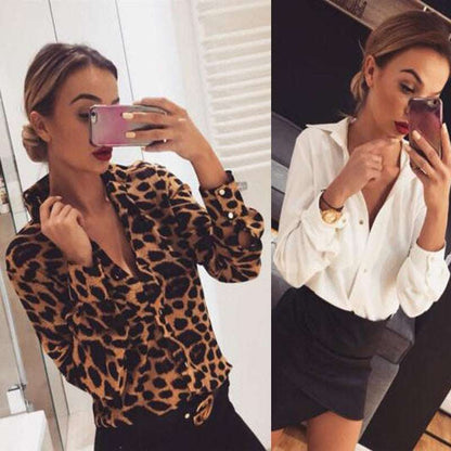 Explosive Fall Winter Slim Long Sleeve Shirt Leopard Print Top Shirt