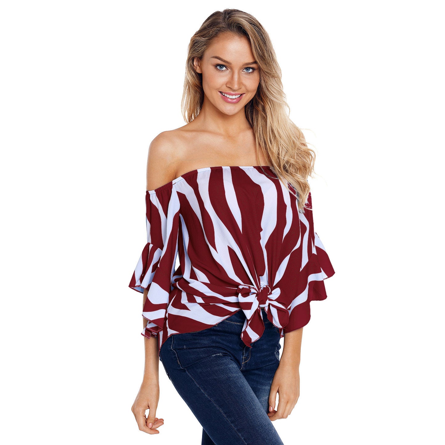 New European and American women's summer shirt tube top collar shirt five points trumpet sleeves striped shirt 251051