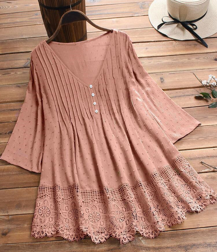 Jacquard pleated lace cutout shirt