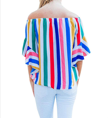 New European and American women's summer shirt tube top collar shirt five points trumpet sleeves striped shirt 251051