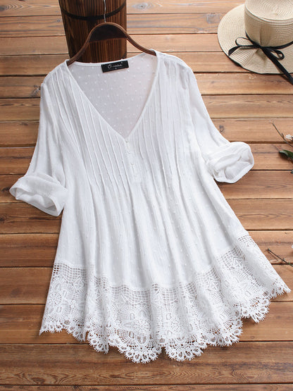 Jacquard pleated lace cutout shirt