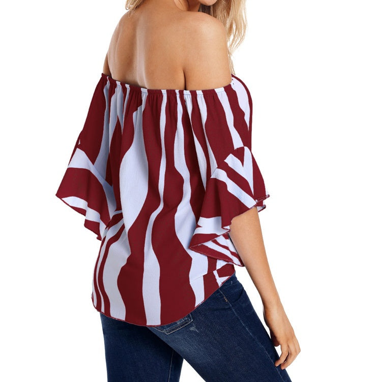 New European and American women's summer shirt tube top collar shirt five points trumpet sleeves striped shirt 251051