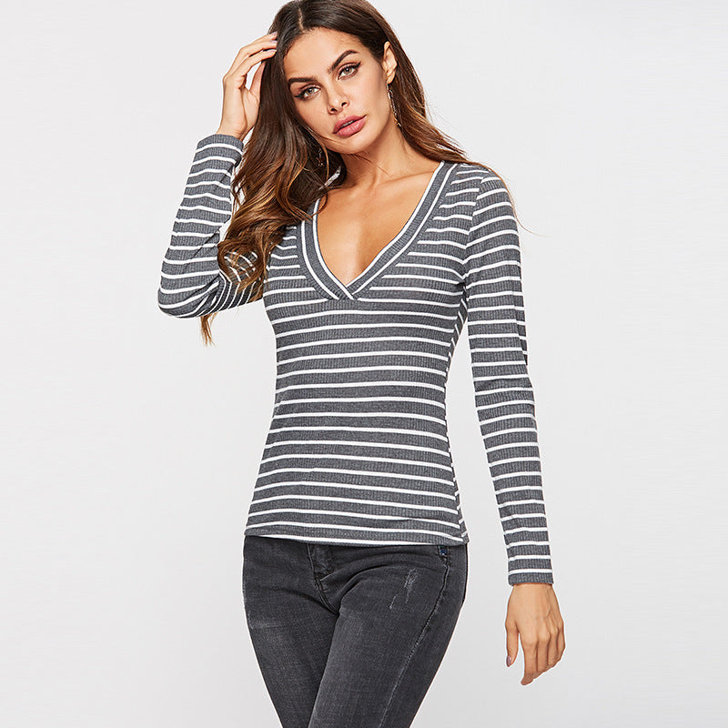 Slim Slim Sexy Deep V-Neck Striped T-Shirt Bottoming Shirt