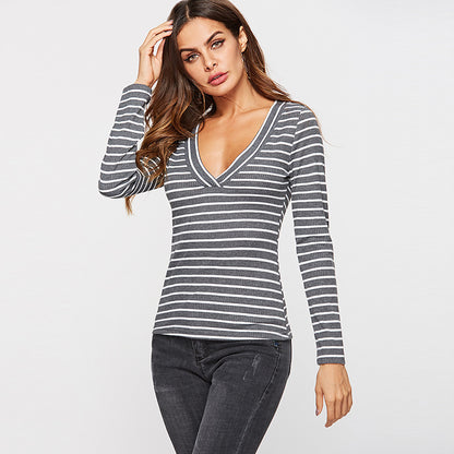 Slim Slim Sexy Deep V-Neck Striped T-Shirt Bottoming Shirt