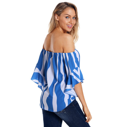 New European and American women's summer shirt tube top collar shirt five points trumpet sleeves striped shirt 251051