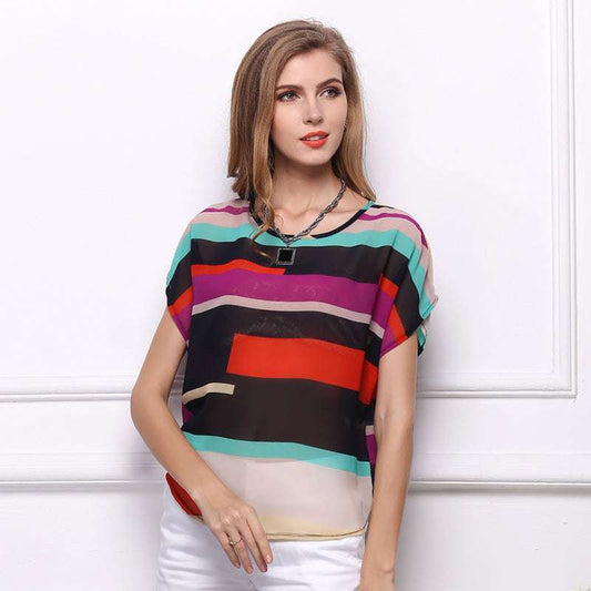 USA SIZE Large size colorful striped bat shirt rainbow t-shirt loose short sleeve irregular colorful striped chiffon shirt
