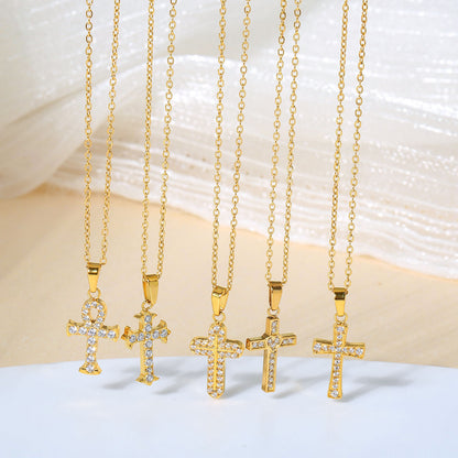 Cross necklace for women simple and colorfast zircon stainless steel collarbone chain titanium steel