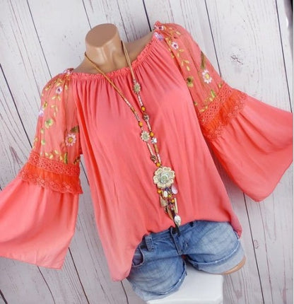 Splicing mesh embroidery shirt