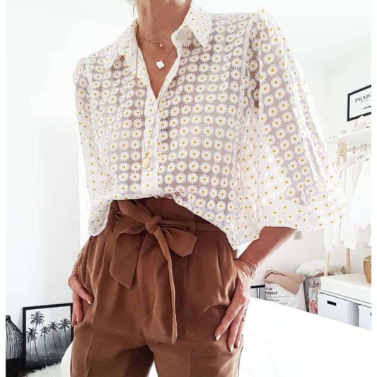 Sheer print tulle top shirt