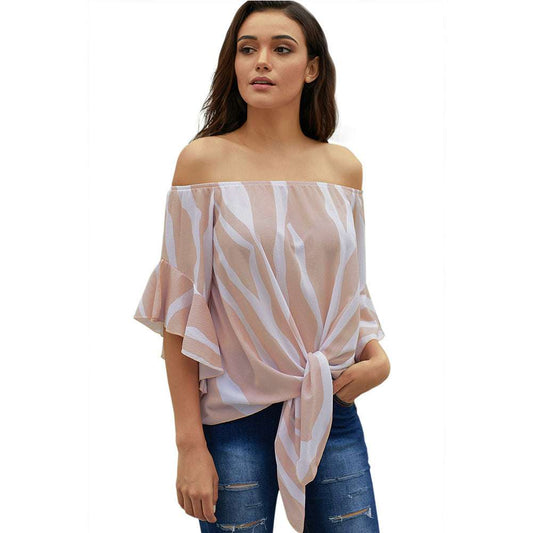 New European and American women's summer shirt tube top collar shirt five points trumpet sleeves striped shirt 251051