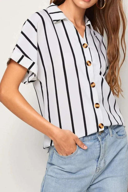 Casual striped breasted collared loose short sleeved shirt for women
