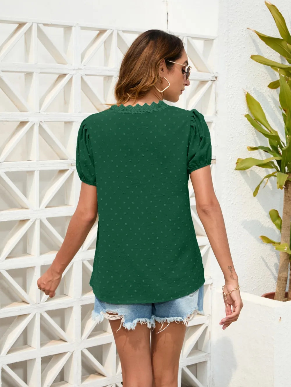 Dot Lace Detail V-Neck Blouse