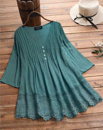 Jacquard pleated lace cutout shirt