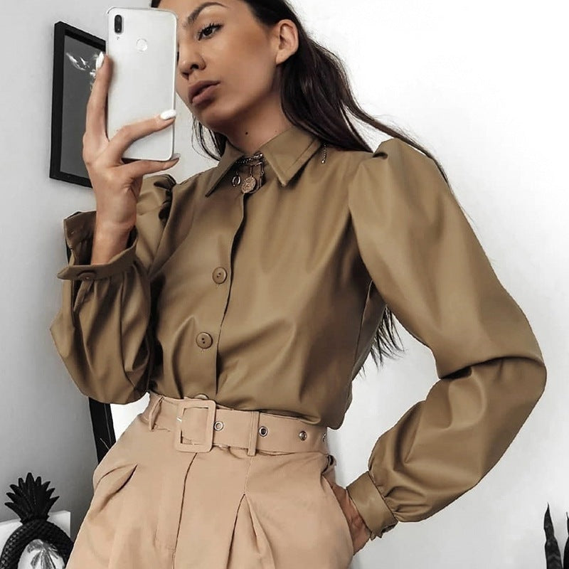 Lapel-breasted puff sleeve shirt