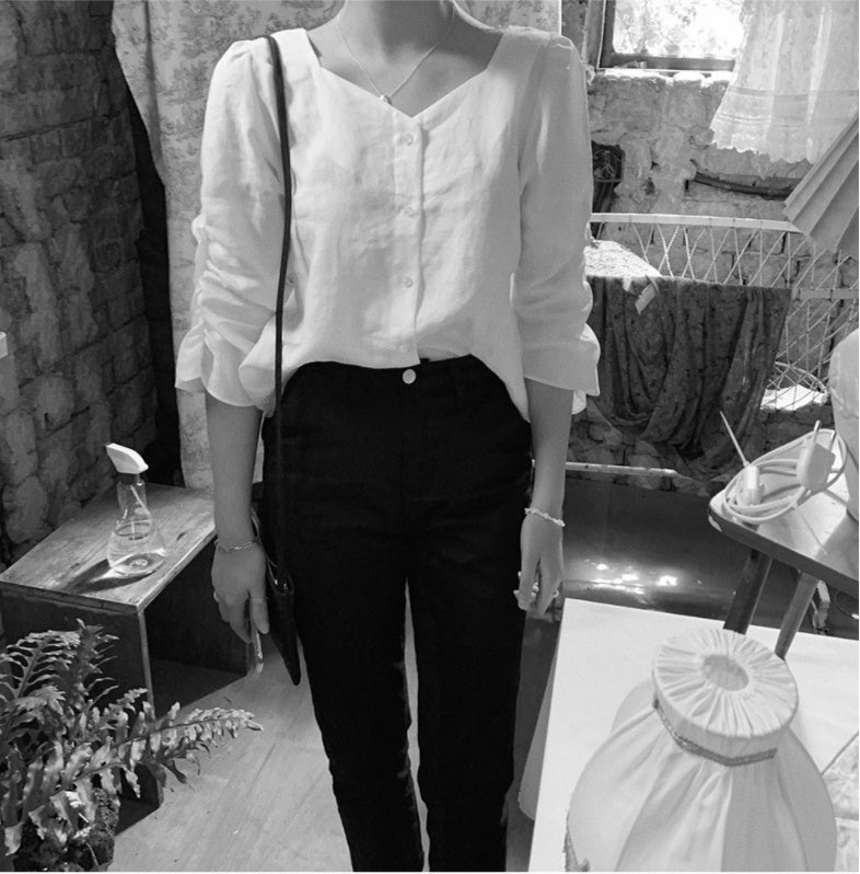 French retro square collar shirt