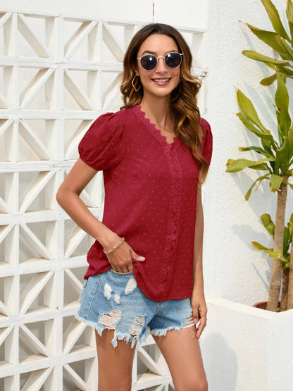 Dot Lace Detail V-Neck Blouse
