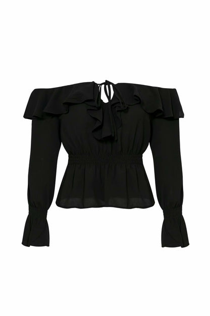 Lace-up shoulder ruffle shirt