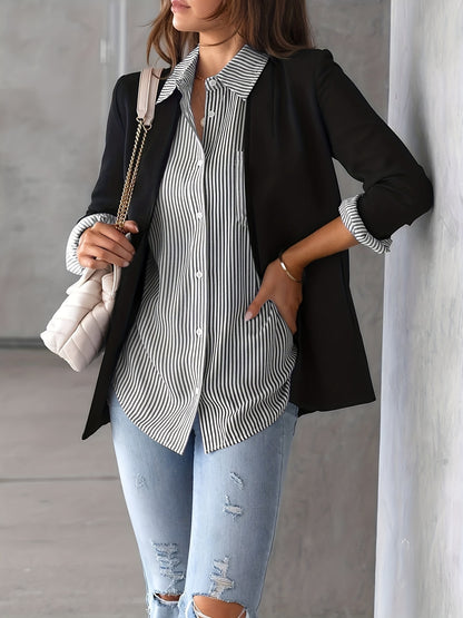 Ladies' Shirt, Classic Striped Print Casual Collar Long Sleeve With Pockets Shirt