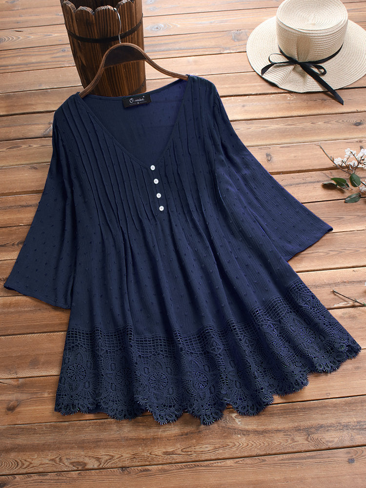 Jacquard pleated lace cutout shirt