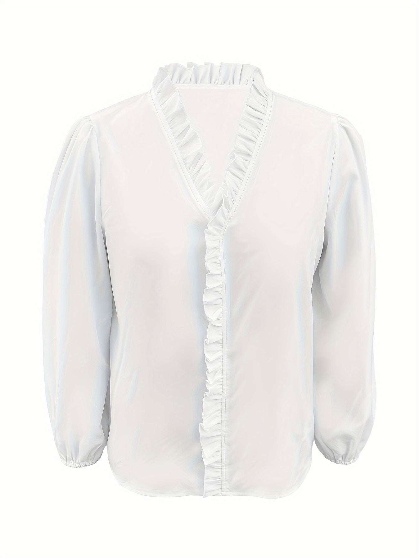 Pure Color Ruffle Hemline Shirt, Casual V-neck Long Sleeve Shirt.