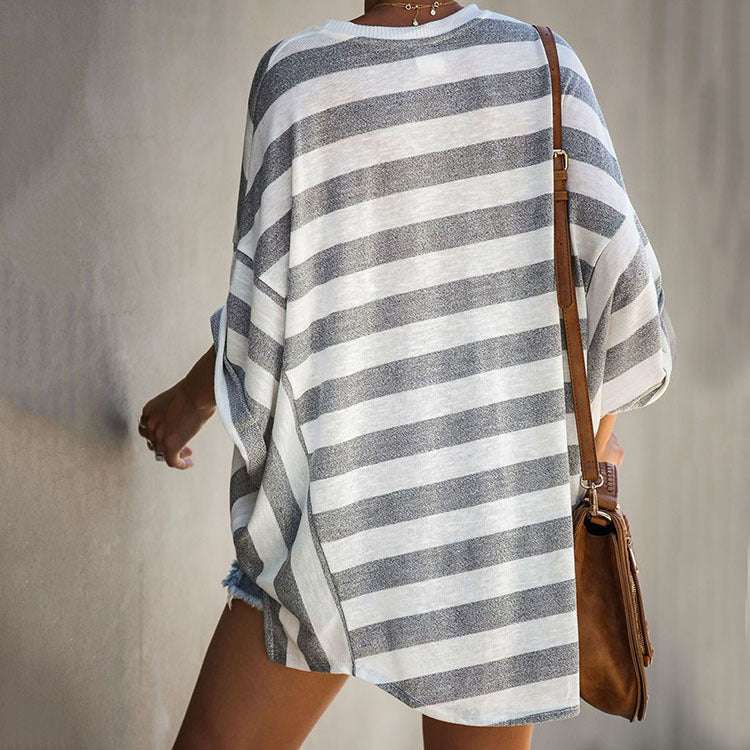 New Style Striped Loose Comfortable Middle-Sleeved Casual Bat Shirt Women's T-Shirt